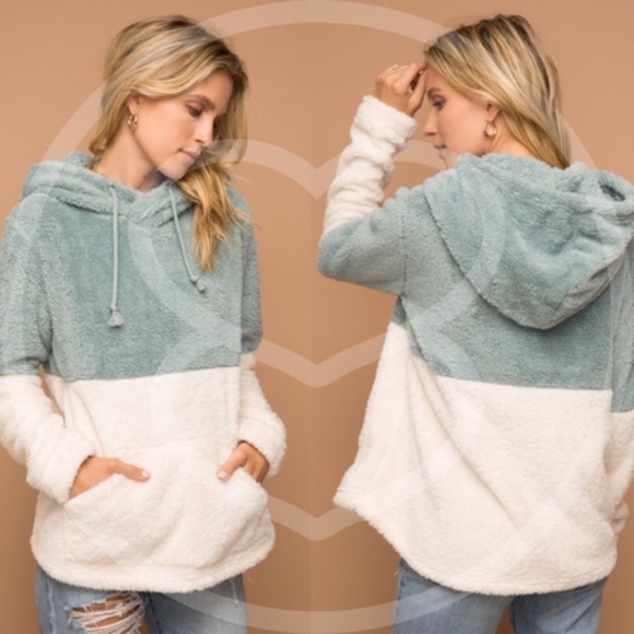 GEORGIA Color Block Faux Fur Hoodie Top - MINT - Picture 2 of 3